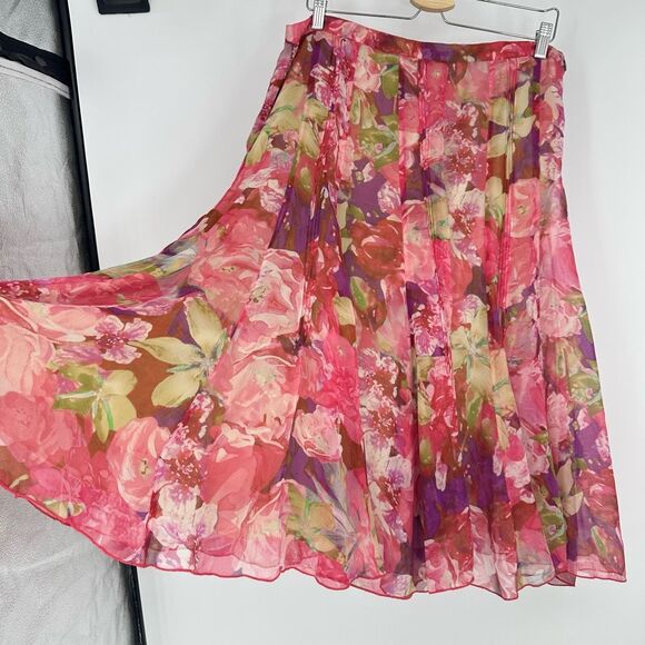 Jones New York Womens Silk Midi Skirt Size 14 Pink Floral Flowy Fairy Romantic - Picture 2 of 11